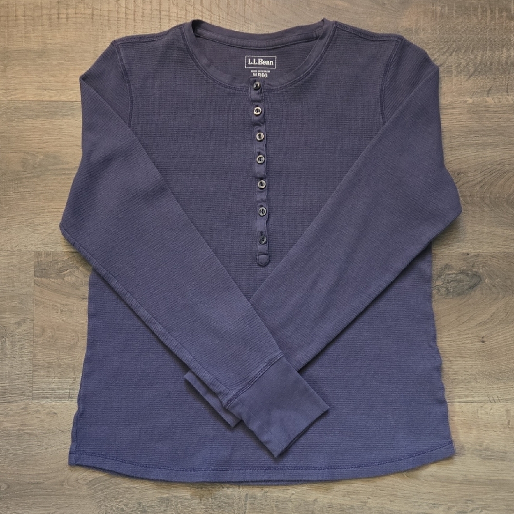 Women's L.L. Bean Waffle Knit Henley Size Medium Dark Periwinkle Purple